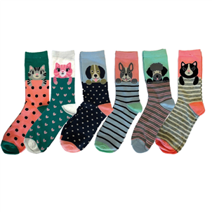 Picture of Ladies Cat & Dog Design Socks Pack Of 3 - SK1269